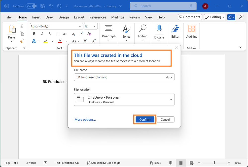 Microsoft Word will save your files to the cloud by default